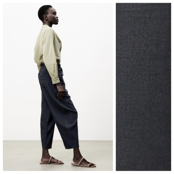 Zara Gray Washed Effect Linen Blend High-Waisted Trouser Pants - Picture 4 of 13
